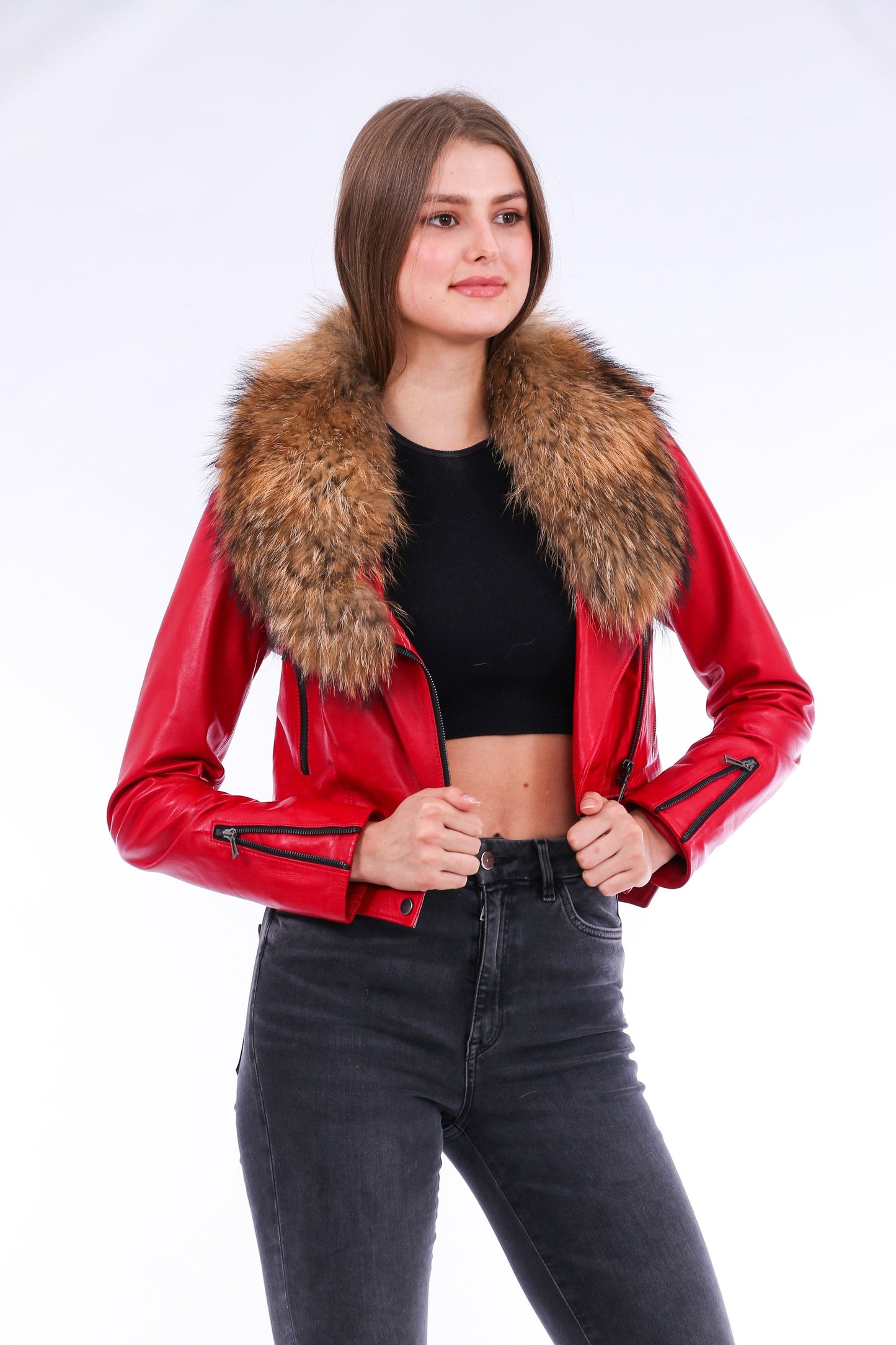 Buttagi Soft Sheepskin Red Leather Biker Jacket Women
