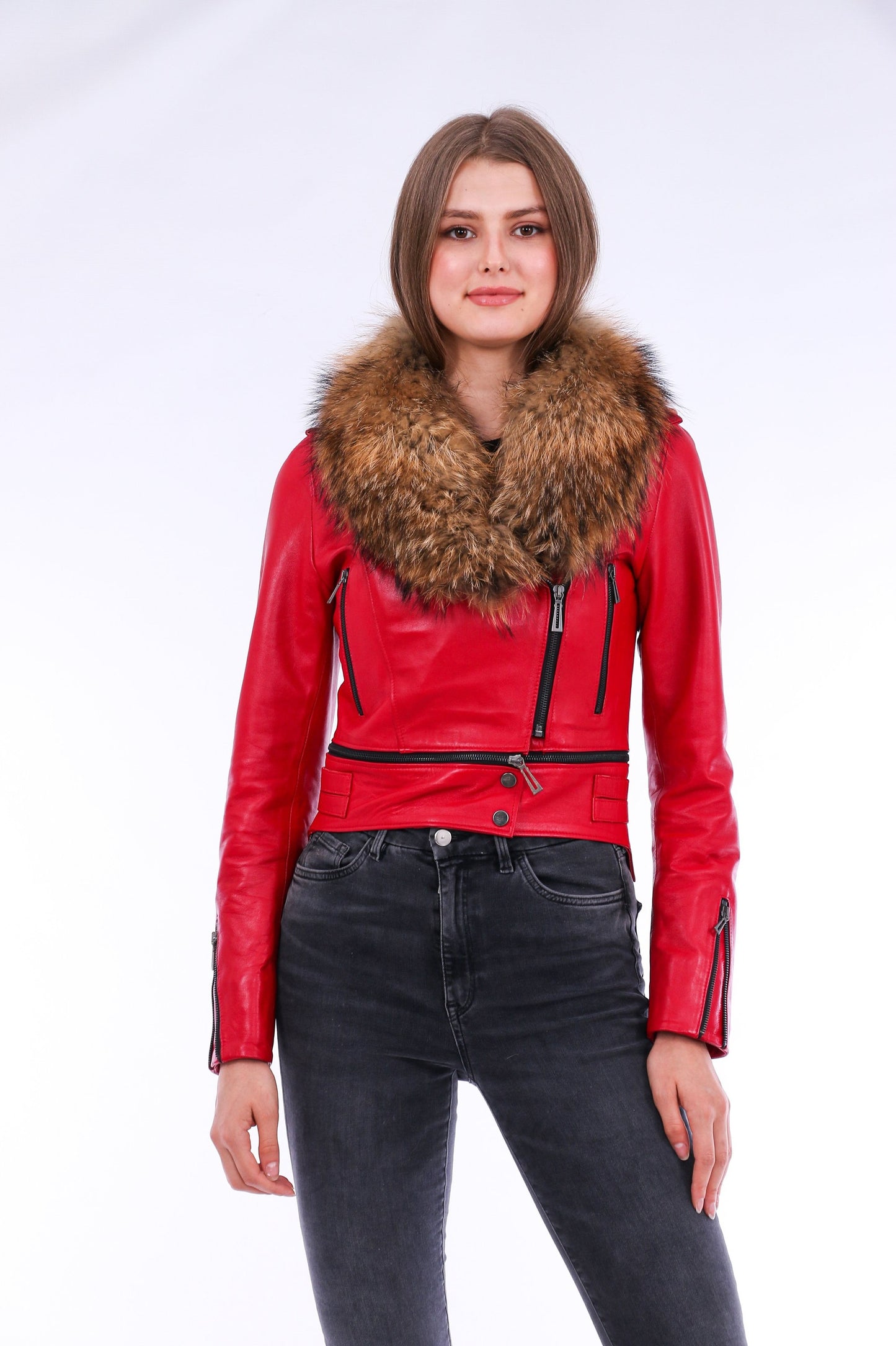 Buttagi Soft Sheepskin Red Leather Biker Jacket Women