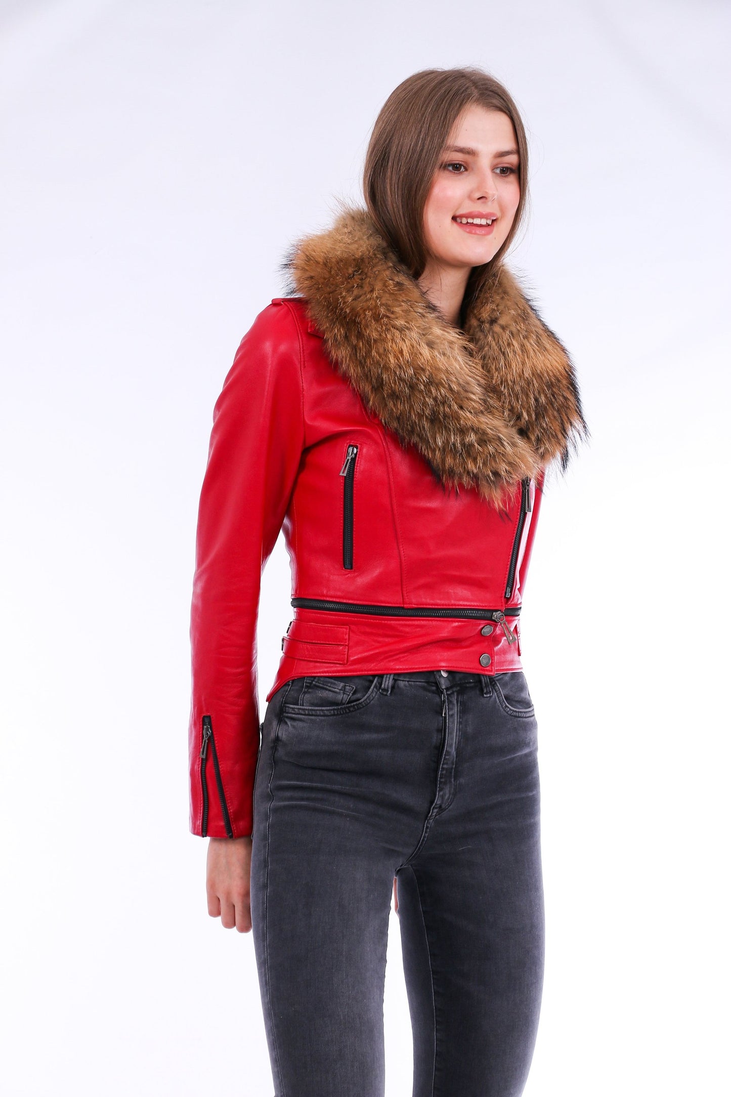 Buttagi Soft Sheepskin Red Leather Biker Jacket Women