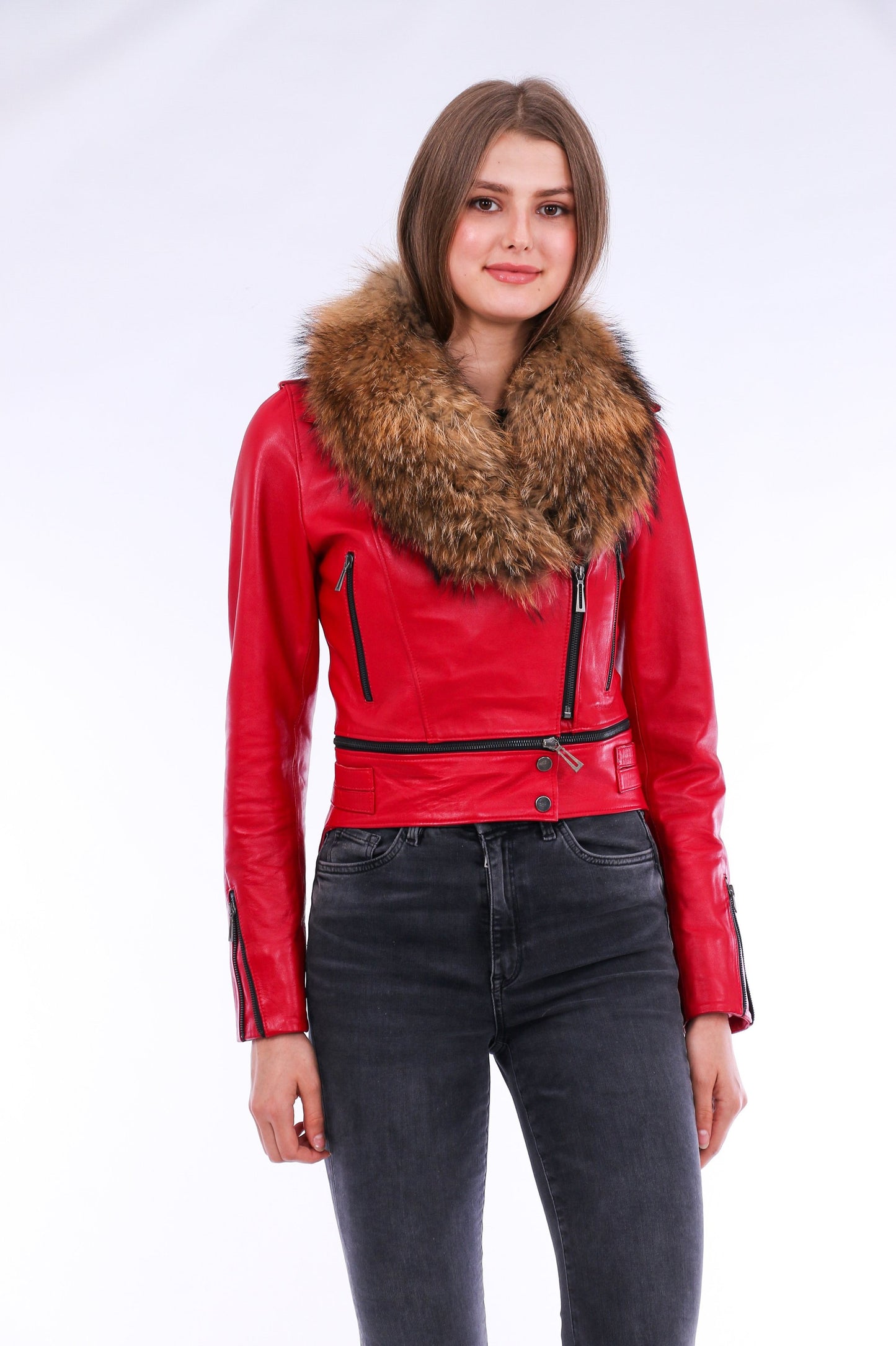 Buttagi Soft Sheepskin Red Leather Biker Jacket Women
