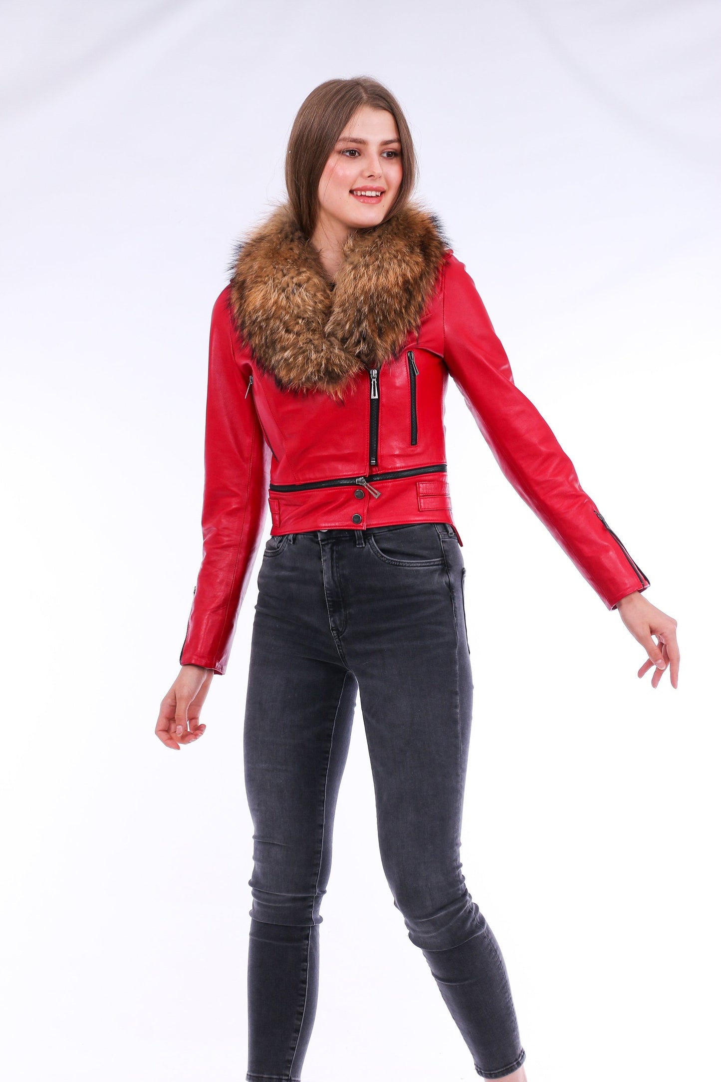 Buttagi Soft Sheepskin Red Leather Biker Jacket Women