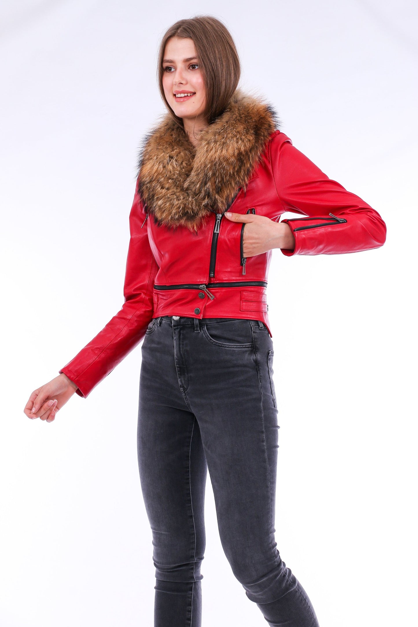 Buttagi Soft Sheepskin Red Leather Biker Jacket Women
