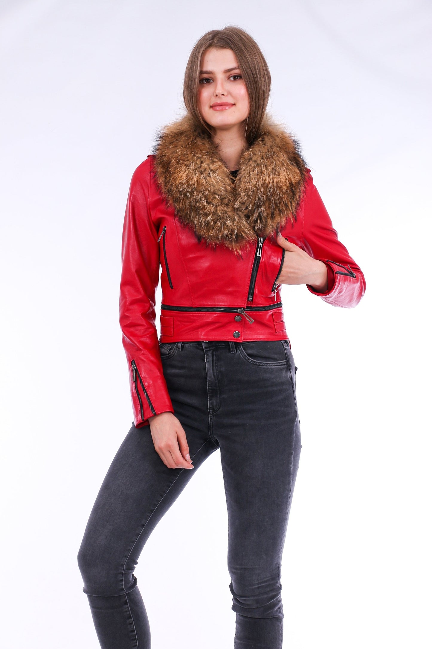 Buttagi Soft Sheepskin Red Leather Biker Jacket Women