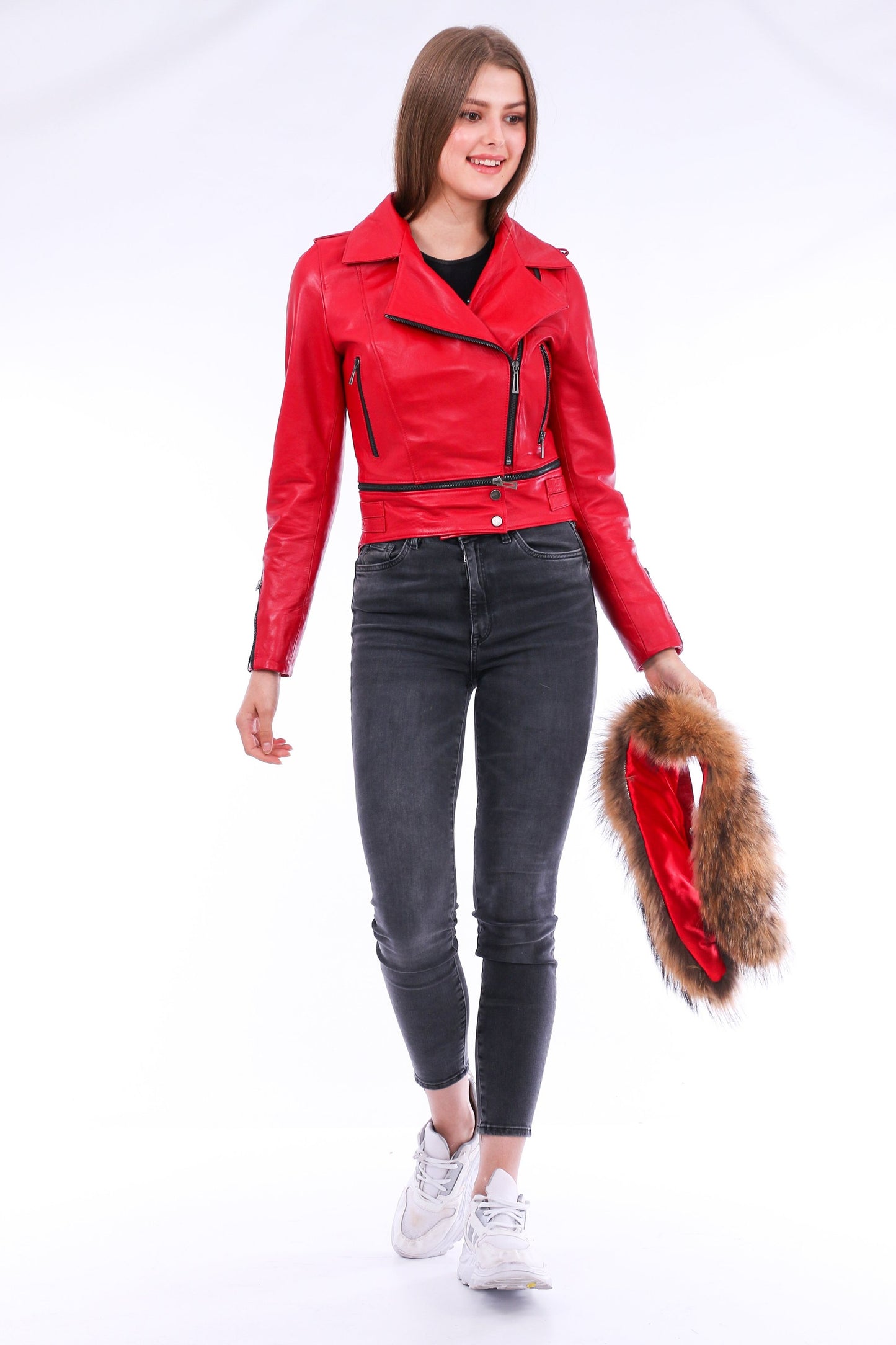 Buttagi Soft Sheepskin Red Leather Biker Jacket Women