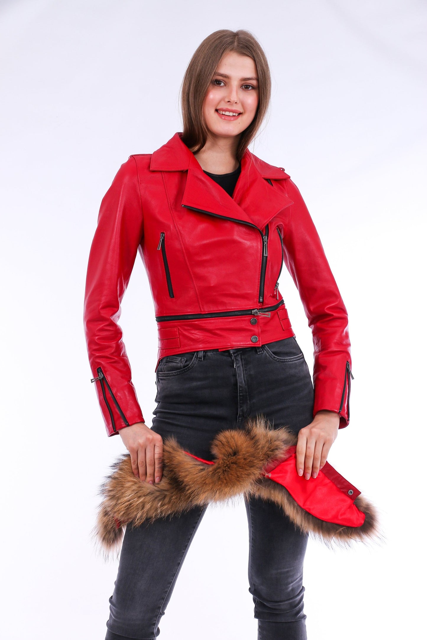 Buttagi Soft Sheepskin Red Leather Biker Jacket Women