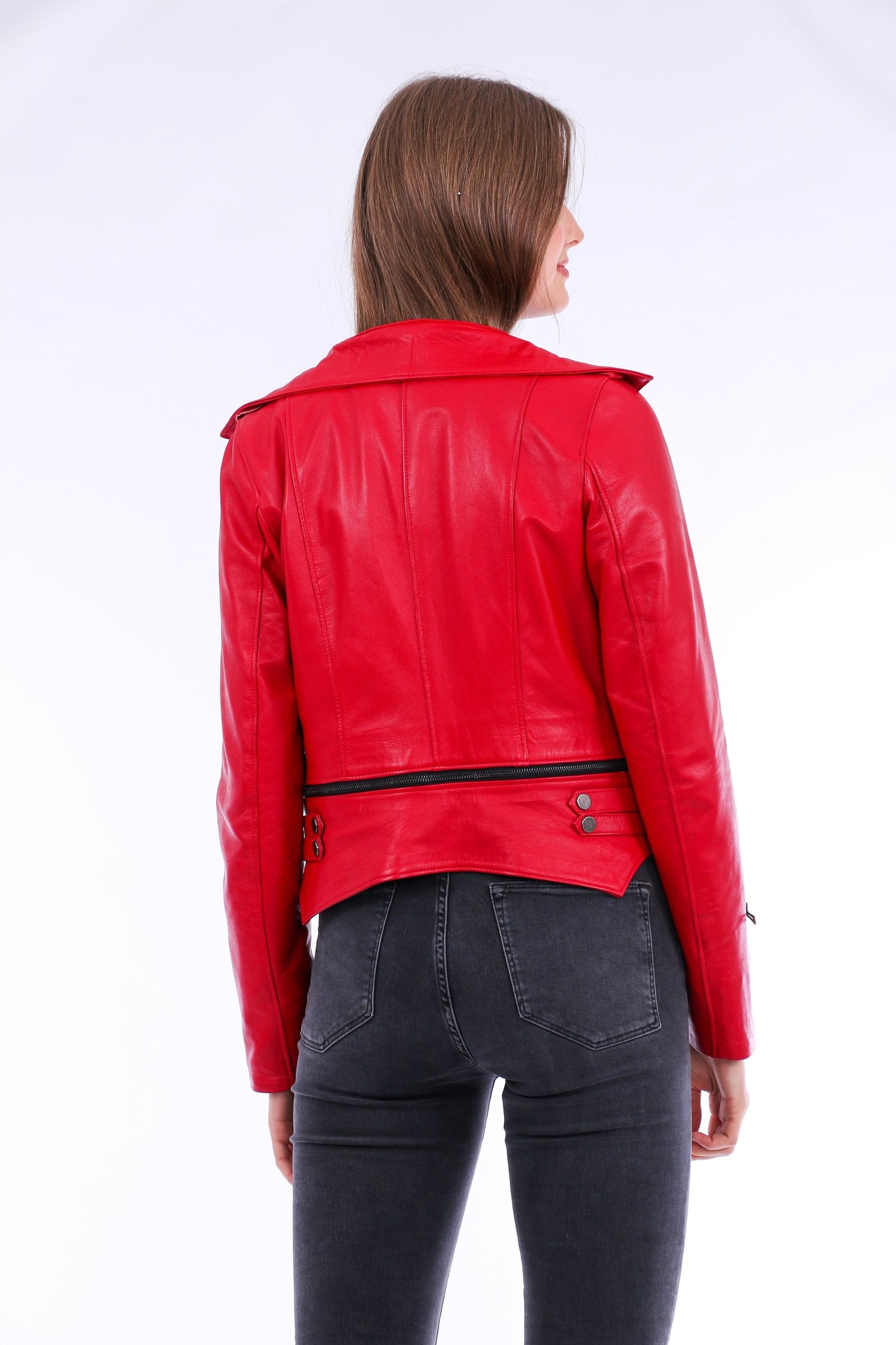 Buttagi Soft Sheepskin Red Leather Biker Jacket Women