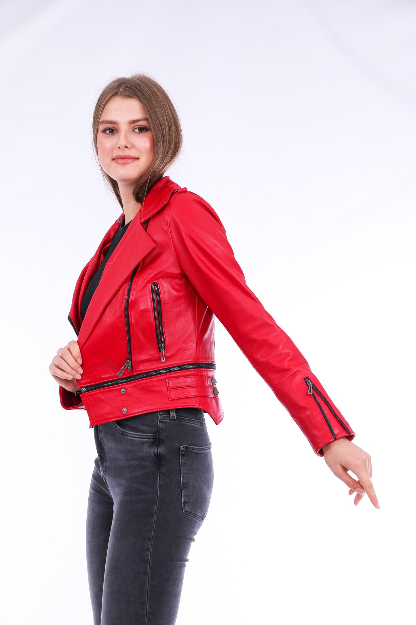 Buttagi Soft Sheepskin Red Leather Biker Jacket Women