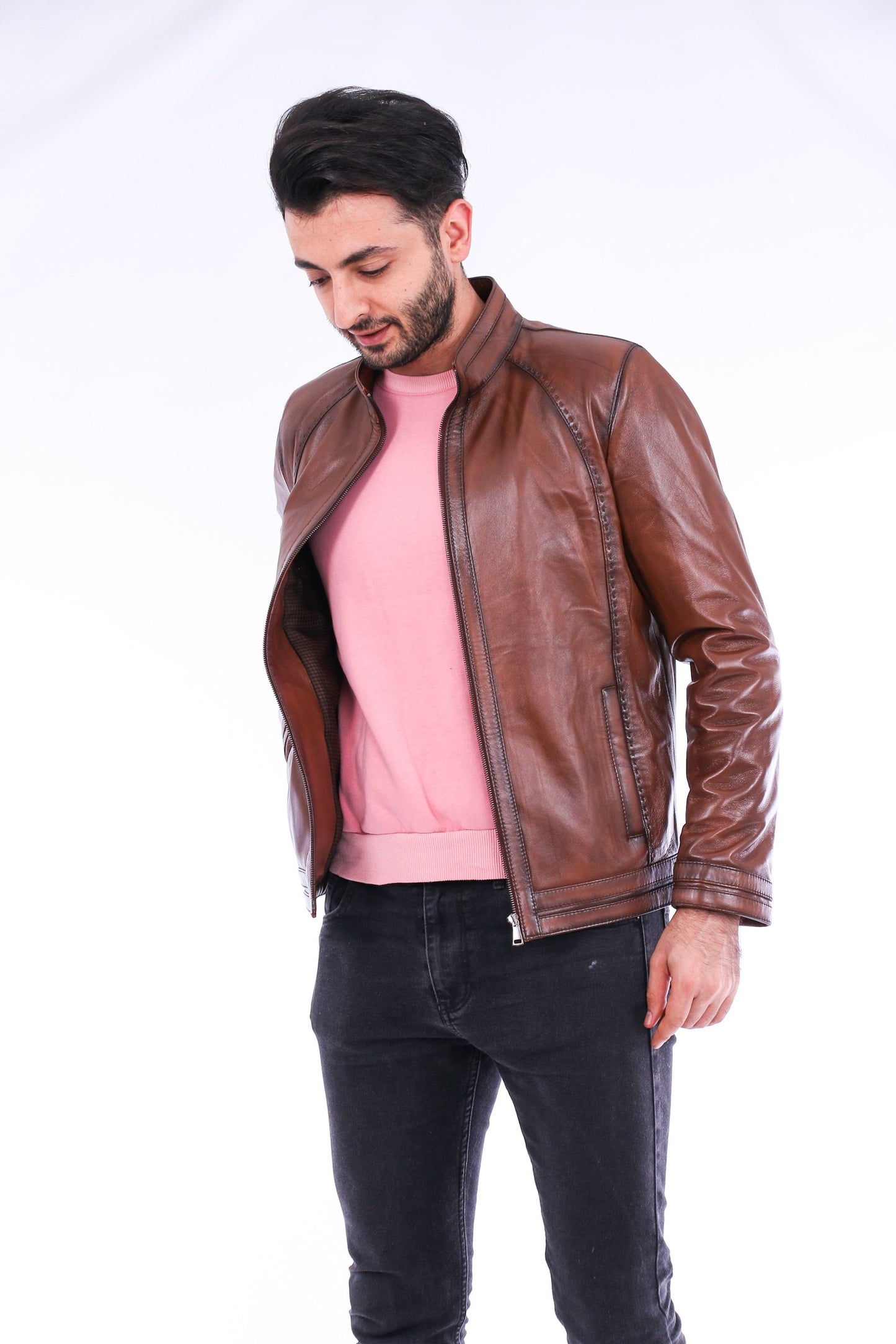 Dolcedo Brown Genuine Sheepskin Leather Motorcycle Jacket