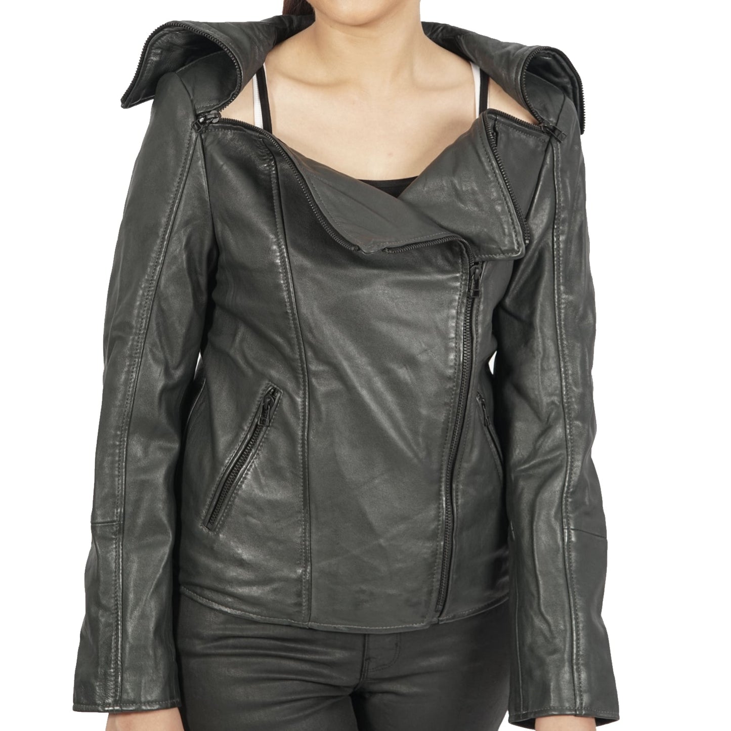 Janet Ladies Asymmetrical Classic Real Leather Bike Jackets