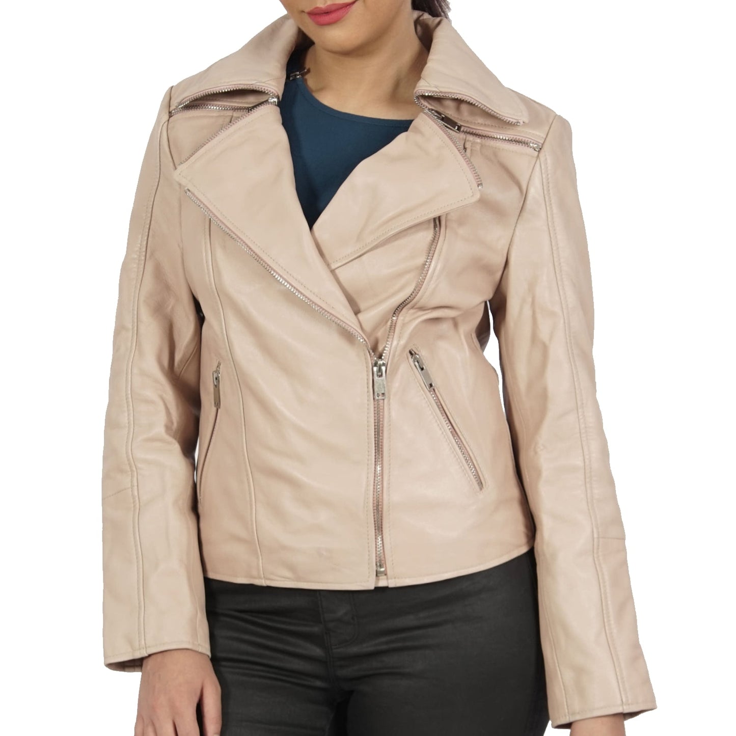 Janet Ladies Asymmetrical Classic Real Leather Bike Jackets