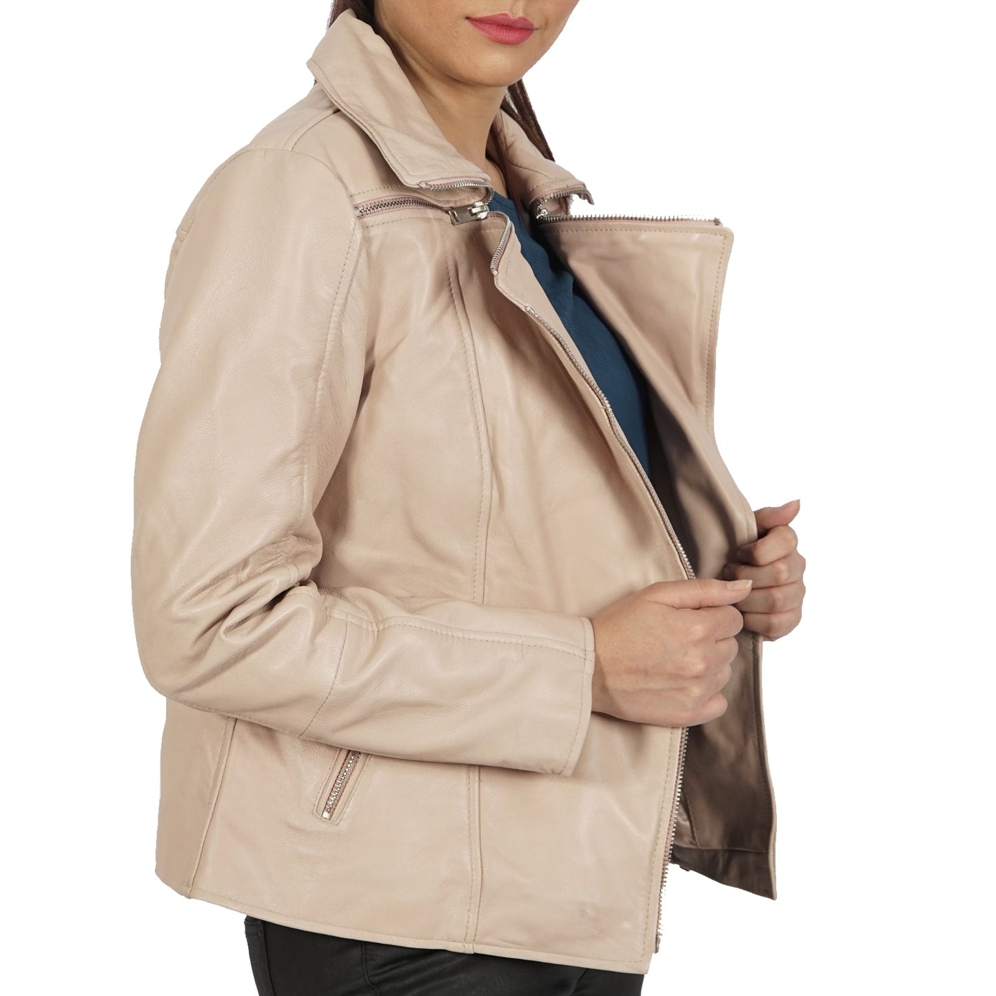 Janet Ladies Asymmetrical Classic Real Leather Bike Jackets