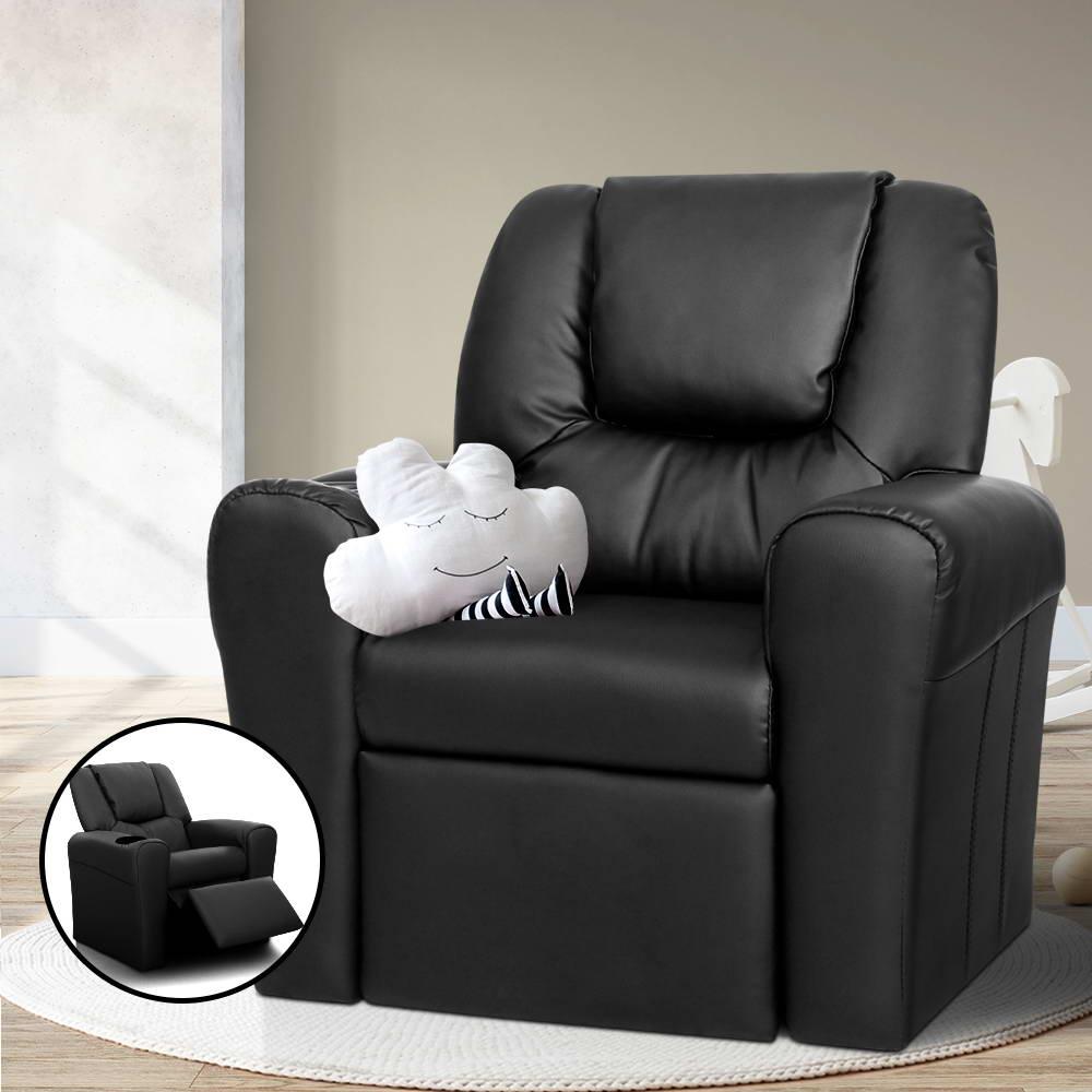 Keezi Kids Recliner Chair Black PU Leather Sofa Lounge Couch Children