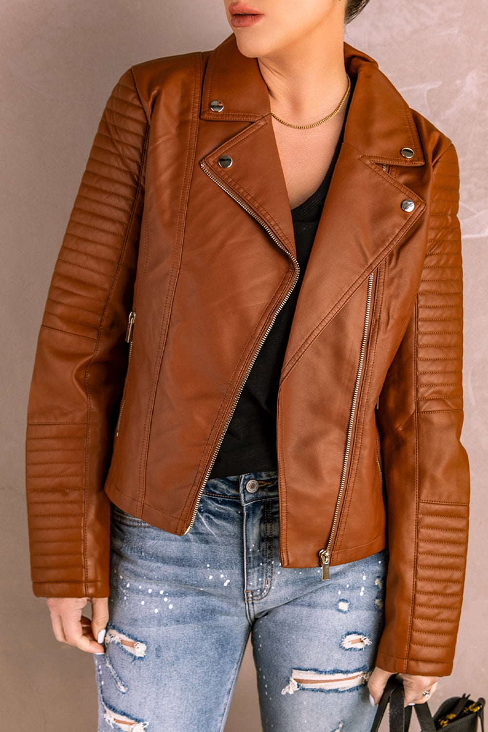 Brown Faux Pu Ladies Leather Motorcycle Jacket