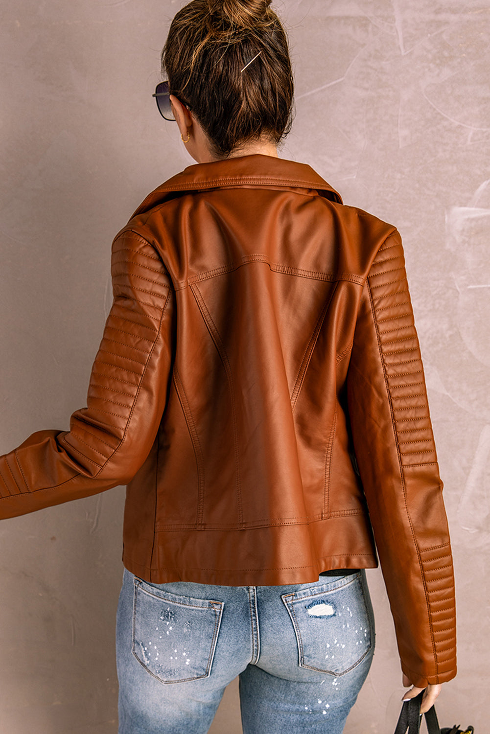 Brown Faux Pu Ladies Leather Motorcycle Jacket