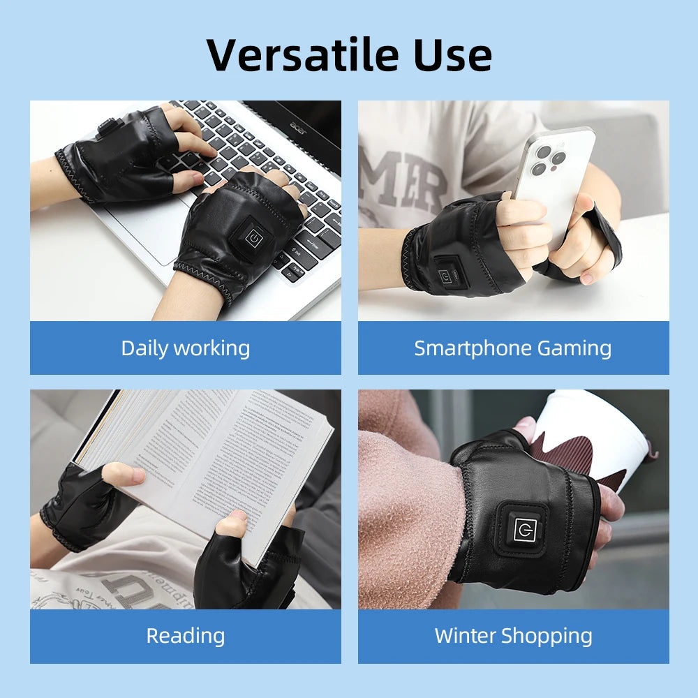 Smart Wireless Heating Leather Gloves Winter Thermal Fingerless Glove