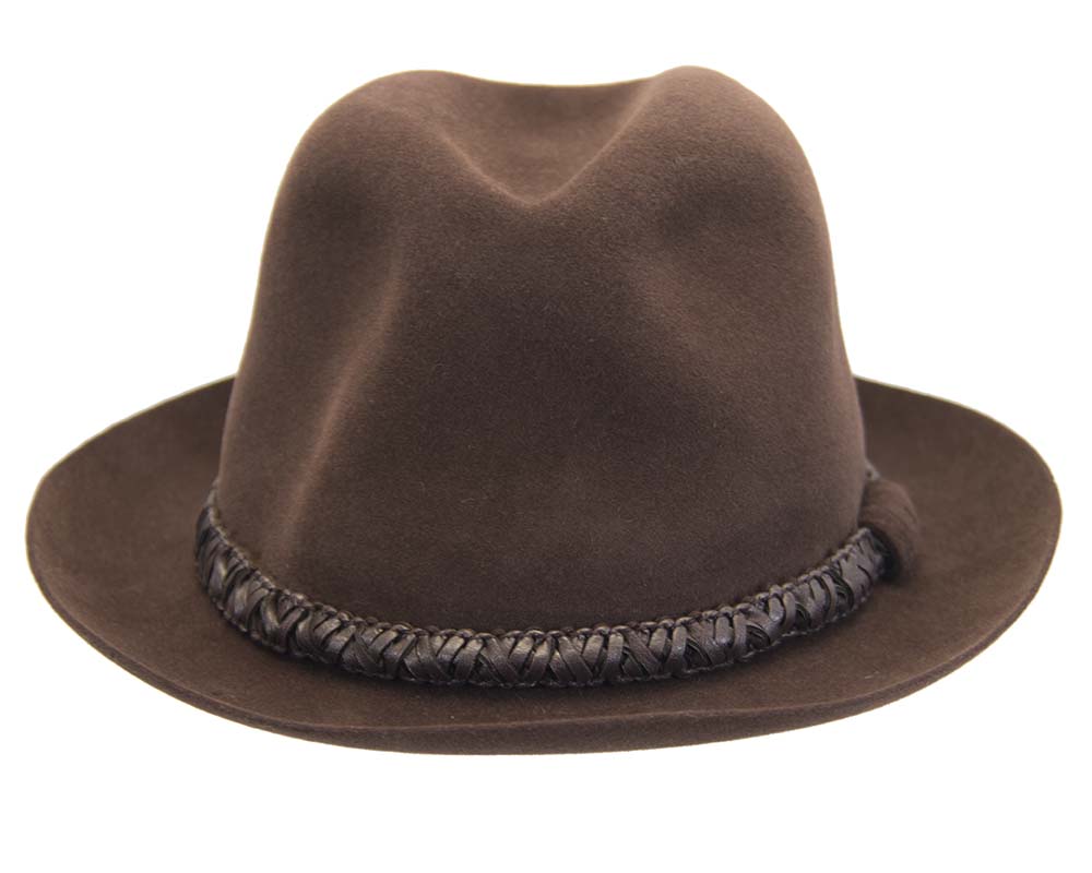 Brown unisex rabbit fur fedora hat with leather trim