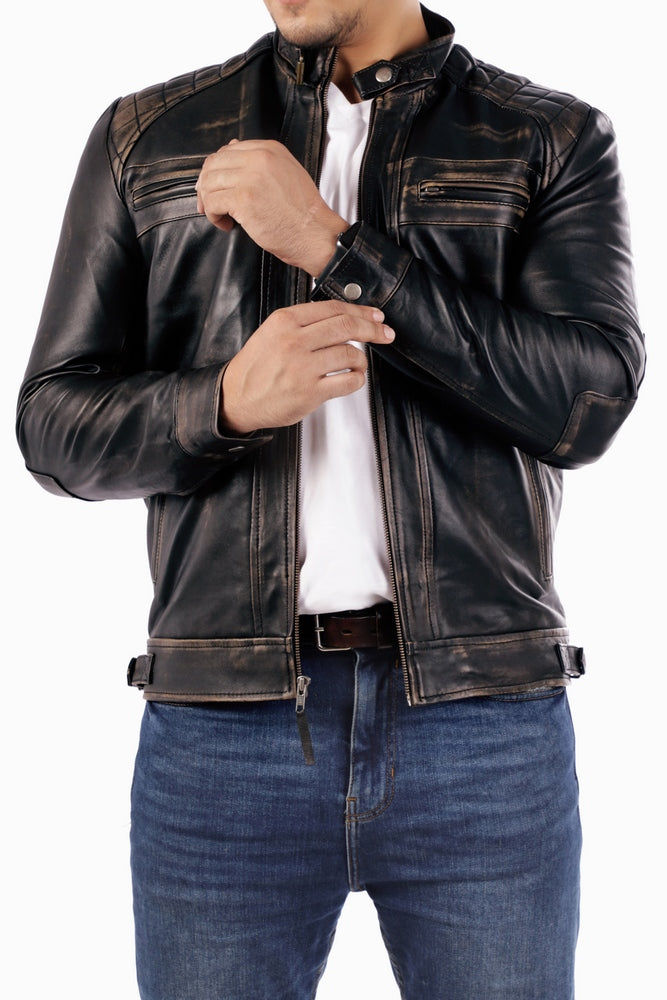 Jild Signature Diamond Vintage Black Lambskin Real Leather Jacket