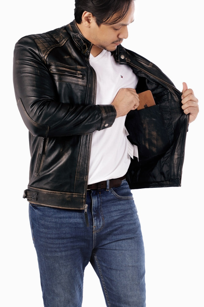 Jild Signature Diamond Vintage Black Lambskin Real Leather Jacket
