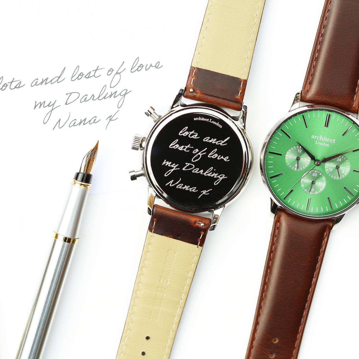 Handwriting Engraving - Men's Architect Motivator Green Face Walnut