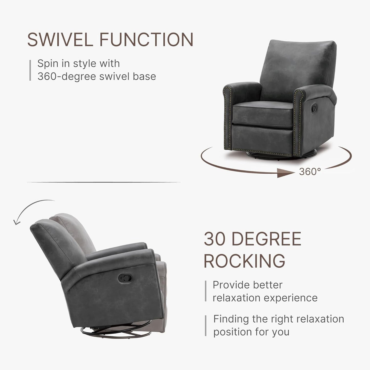 Large Leather Recliner Chair Faux Swivel Rocker for Adults Manual Sofa