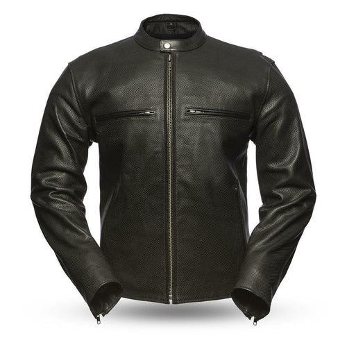 First MFG Co. Turbine Mens Black Real Cowhide Perforated Leather Motorcycle Jacket