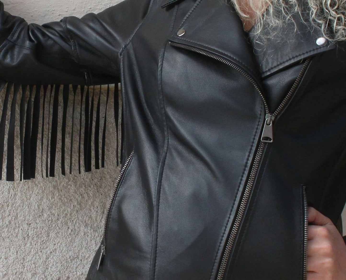 Women's Black Real Genuine Motorbike Fringe Leather Jacket
