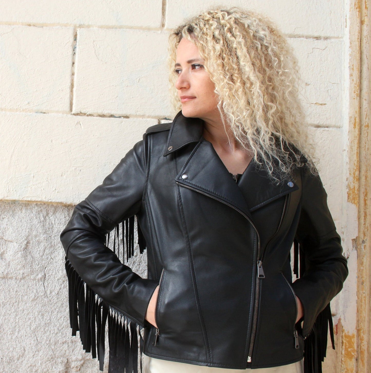 Women's Black Real Genuine Motorbike Fringe Leather Jacket