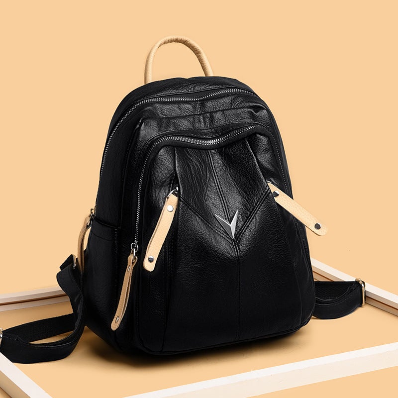 Lady's Fashion Contrast Color Leather Backpack For Outdoors