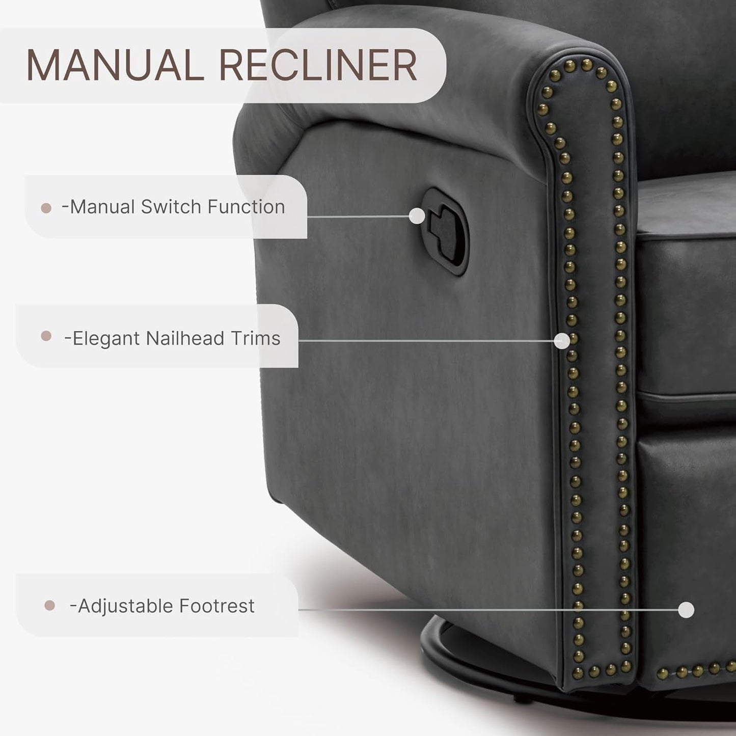 Large Leather Recliner Chair Faux Swivel Rocker for Adults Manual Sofa