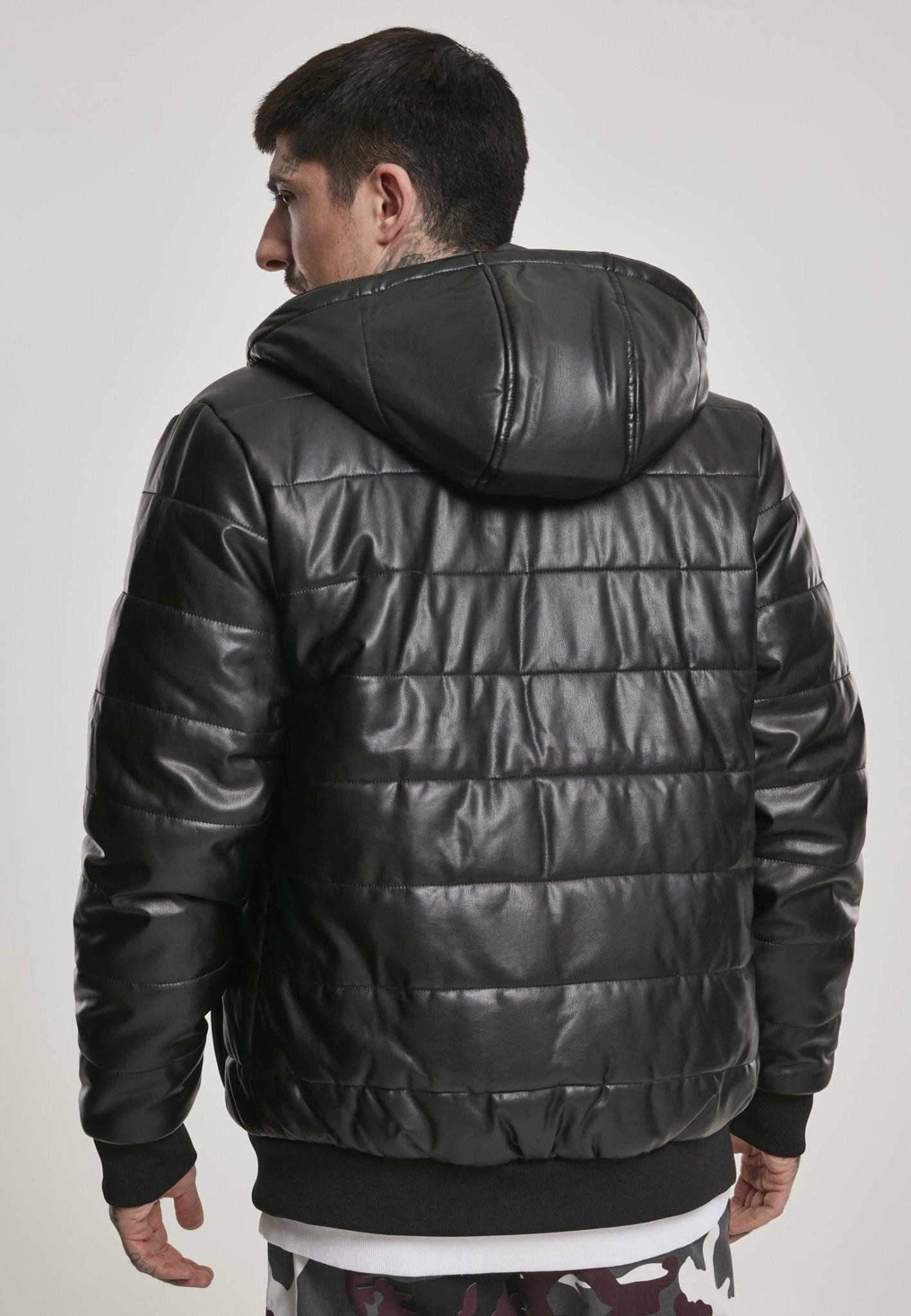 Mens Black Faux Bubble Leather Jacket With Hood