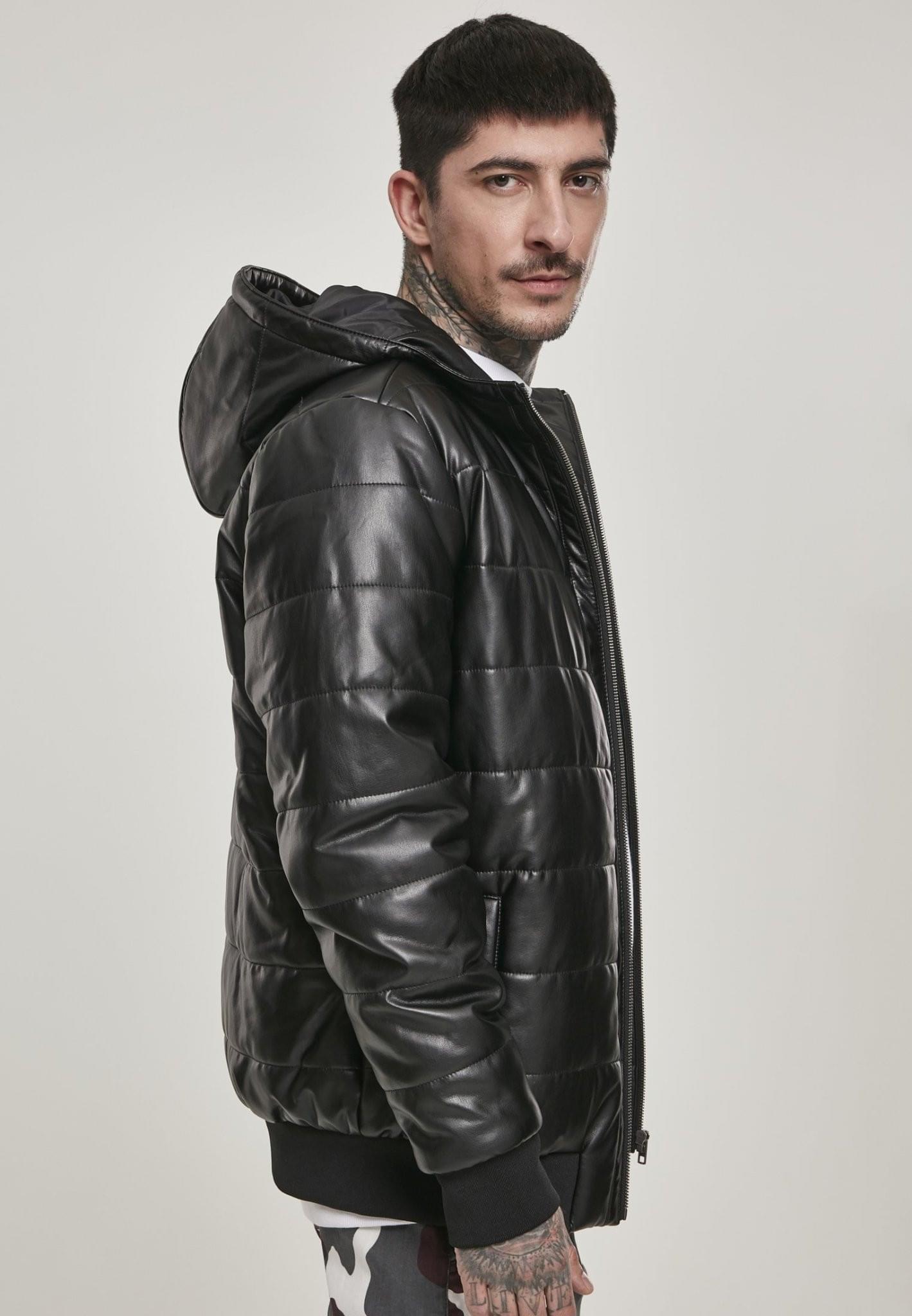 Mens Black Faux Bubble Leather Jacket With Hood