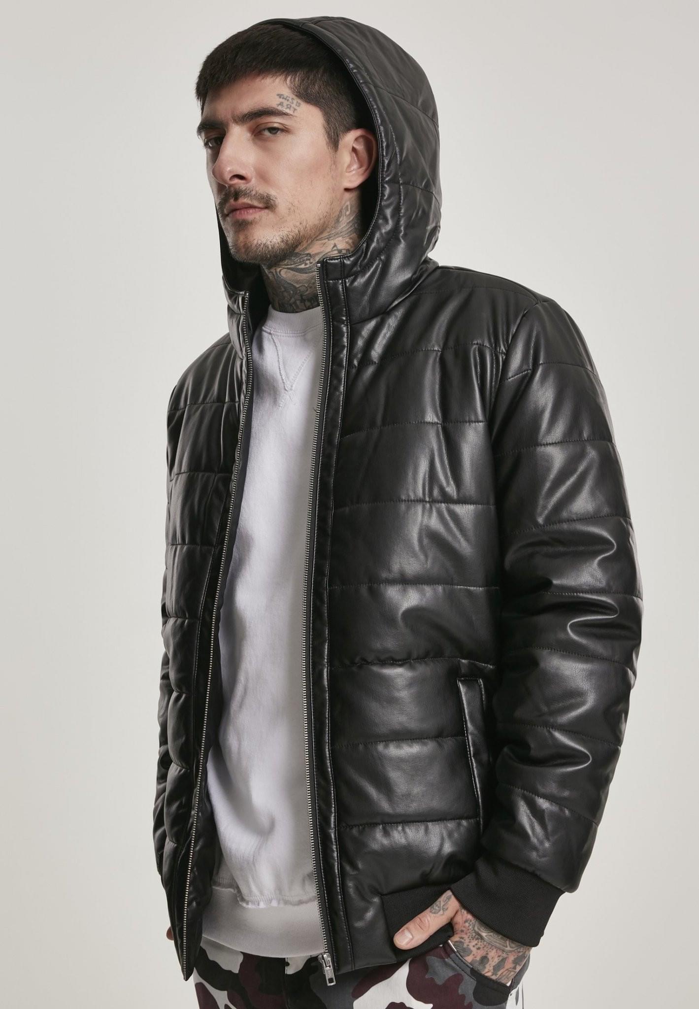 Mens Black Faux Bubble Leather Jacket With Hood