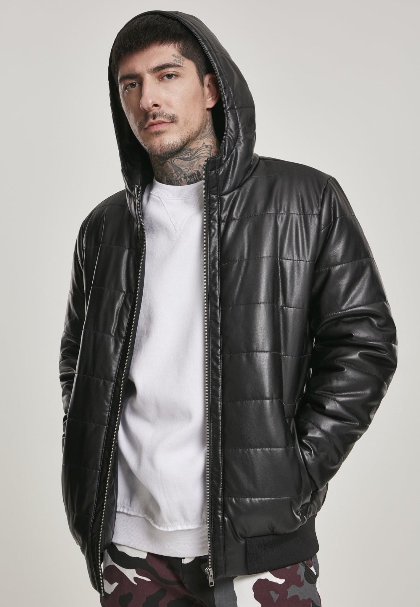 Mens Black Faux Bubble Leather Jacket With Hood