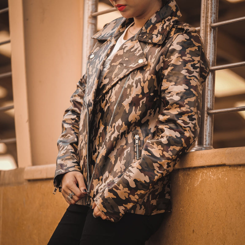 Jild Womens Real Sheepskin Leather Military Camouflage Print Jacket