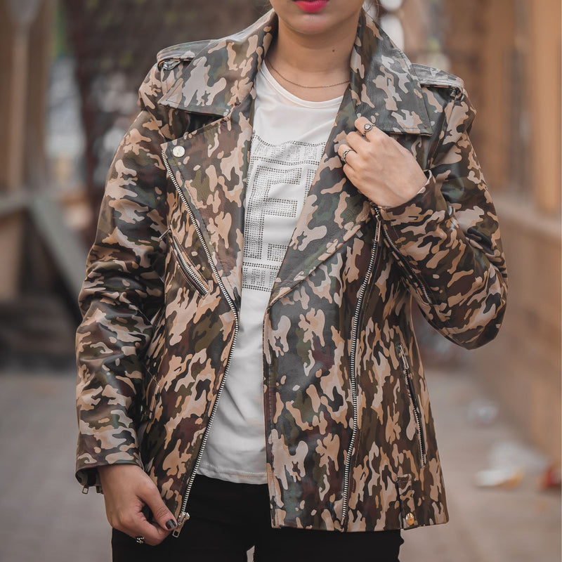 Jild Womens Real Sheepskin Leather Military Camouflage Print Jacket