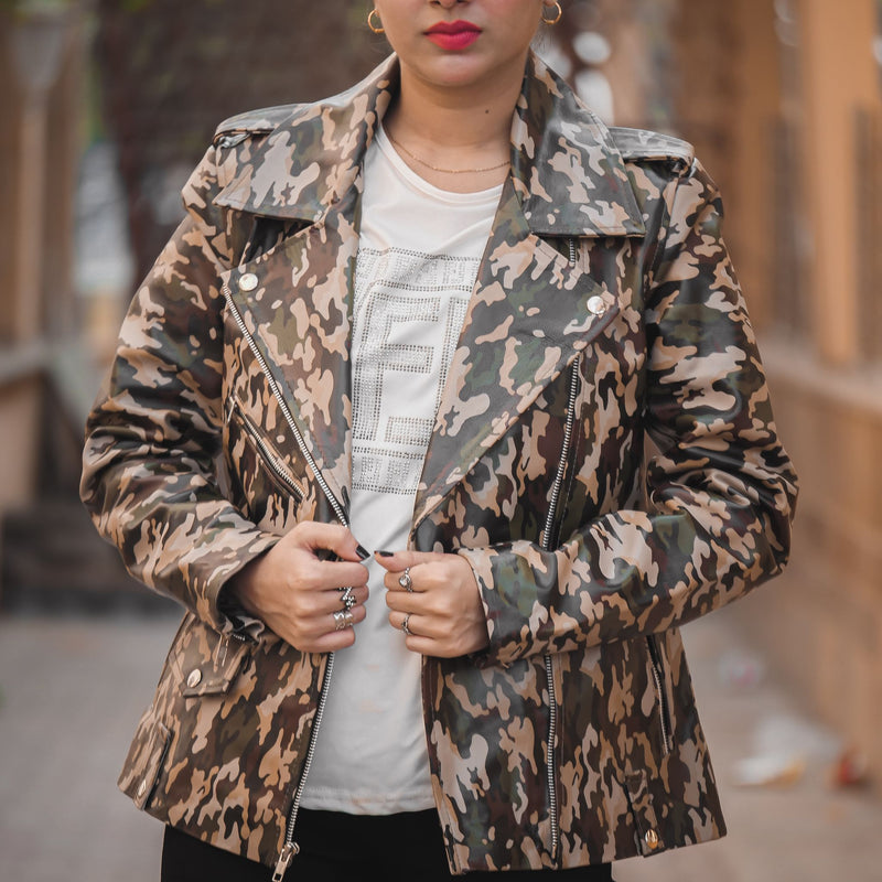 Jild Womens Real Sheepskin Leather Military Camouflage Print Jacket