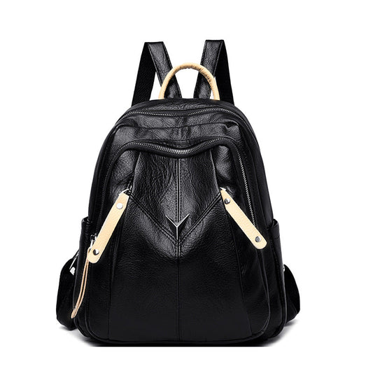 Lady's Fashion Contrast Color Leather Backpack For Outdoors