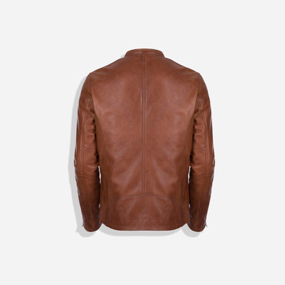 Burton Mandarin Collar Chestnut Brown  Leather Jacket Outfit 