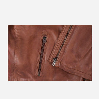 Burton Mandarin Collar Chestnut Brown  Leather Jacket Outfit 