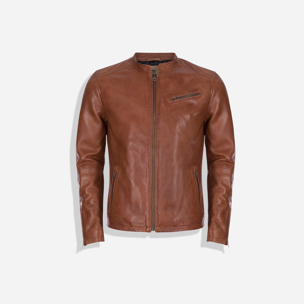 Burton Mandarin Collar Chestnut Brown  Leather Jacket Outfit 