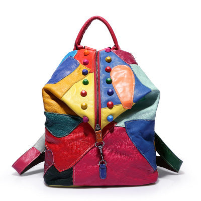 Cowhide Stitching Fashion Leather Backpack For Women