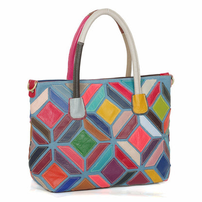 European American Style Colorful Leather Stitching Handbag