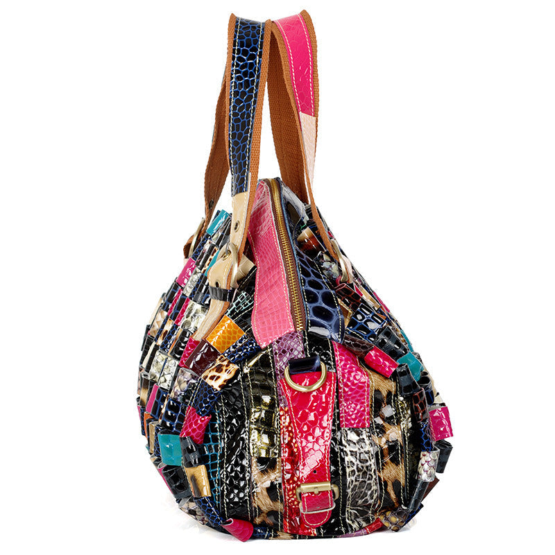 Quality Leather Colorful Geometric Pattern Stitching Handbag