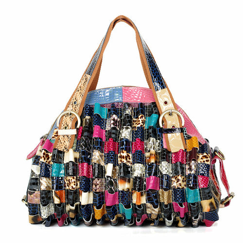 Quality Leather Colorful Geometric Pattern Stitching Handbag