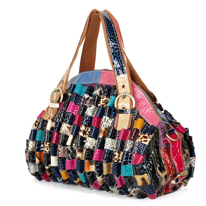 Quality Leather Colorful Geometric Pattern Stitching Handbag