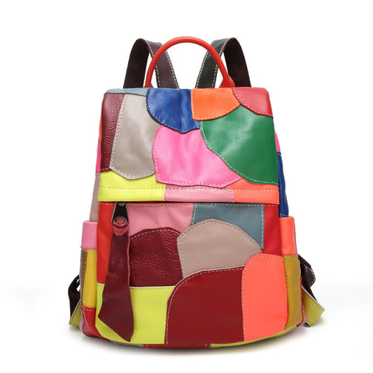 Large-capacity Leather Lady's Retro Stitching Backpack