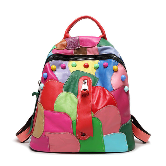 Large Capacity Leather Geometric Pattern Stitching Backpack