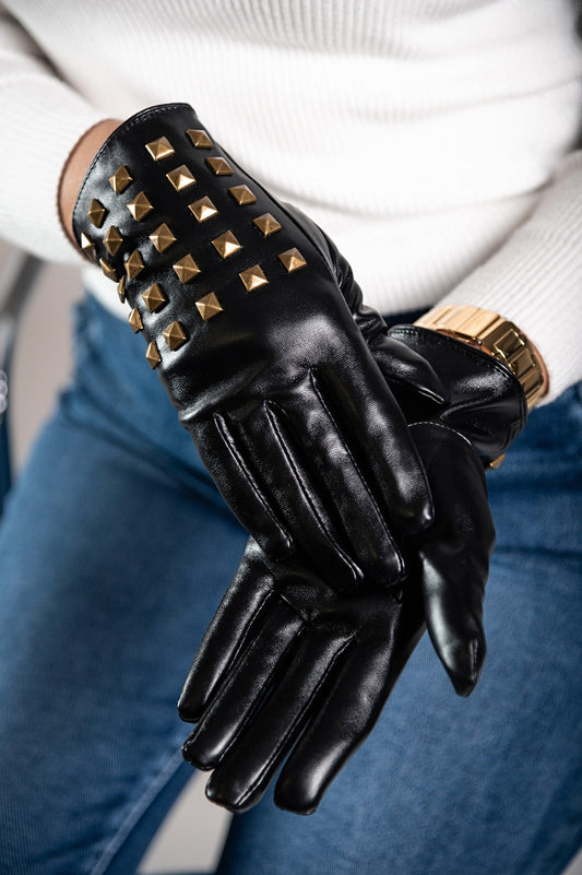 Imitation leather gloves with decorative rivets, black