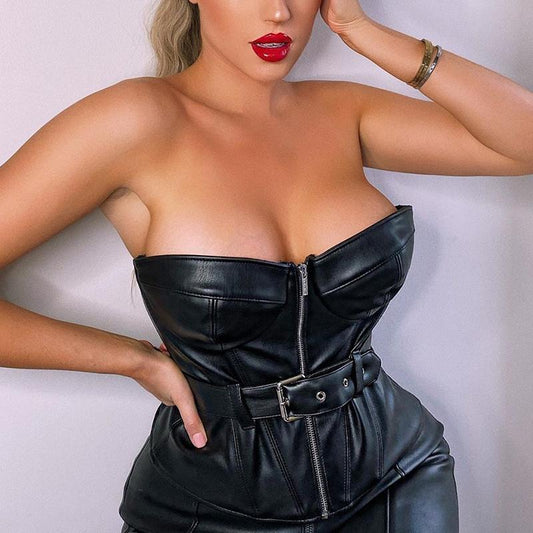 Leather belt backless black crop top Women zipper sleeveless