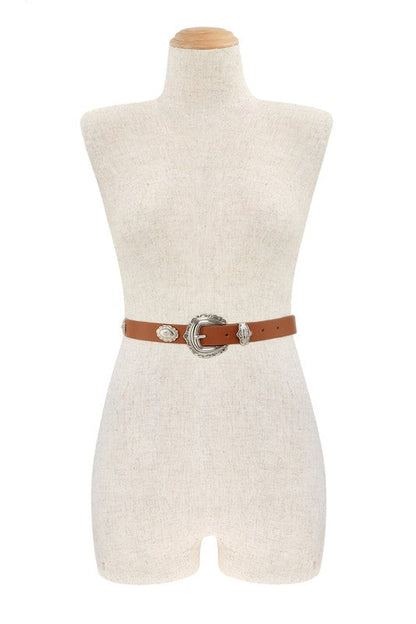 Etched Buckle Faux Leather Belt
